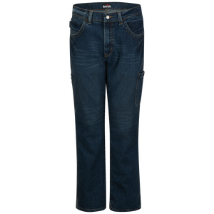 Front view of men’s FR stretch denim dungaree work pants