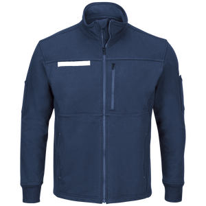 Front view of men’s fleece FR zip-up jacket in navy