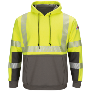 Front view of men’s FR hi-visibility color block pullover fleece sweatshirt