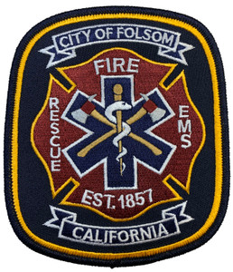 Close-up showing detailed embroidery of Folsom Fire Department insignia Close-up showing detailed embroidery of Folsom Fire Department insignia