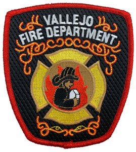 Close-up of embroidered Vallejo Fire emblem and lettering Close-up of embroidered Vallejo Fire emblem and lettering