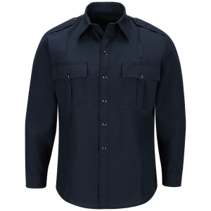 Front view of Workrite Fire Officer Shirt with chest pockets and hook-and-loop closures, midnight navy Front view of Workrite Fire Officer Shirt with chest pockets and hook-and-loop closures, midnight navy