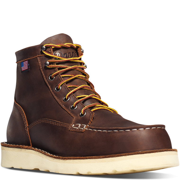 Danner Bull Run Moc Toe 6" Brown work boot front view showing moc toe stitching and full-grain leather upper Danner Bull Run Moc Toe 6" Brown work boot front view showing moc toe stitching and full-grain leather upper