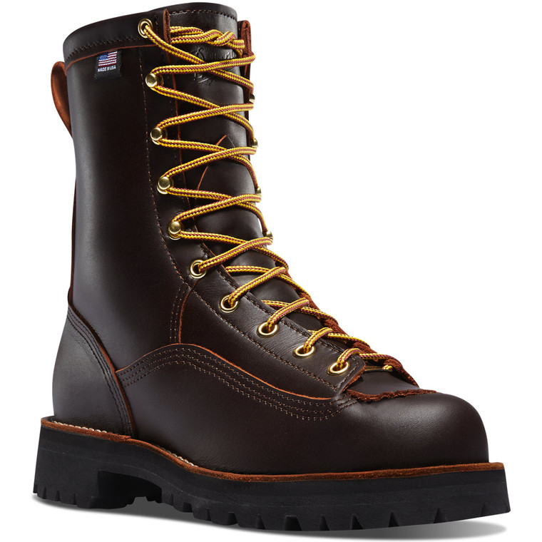 Danner Rain Forest 8" Brown work boot front view showing full-grain leather and 8-inch height Danner Rain Forest 8" Brown work boot front view showing full-grain leather and 8-inch height