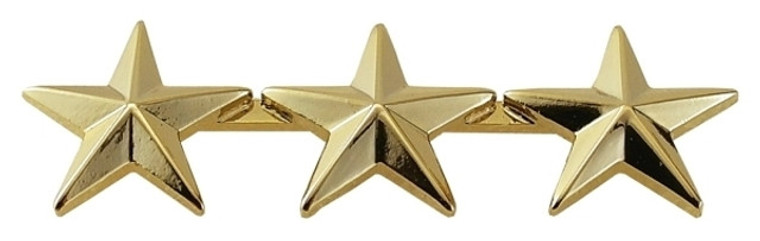 Three five-pointed star pins for law enforcement uniforms in gold finish