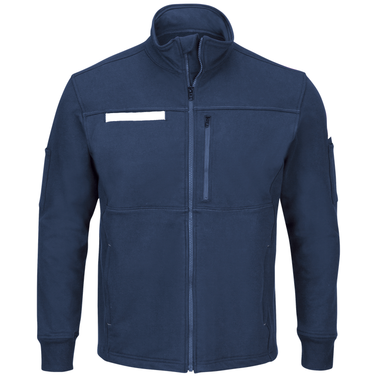 Front view of men’s fleece FR zip-up jacket in navy