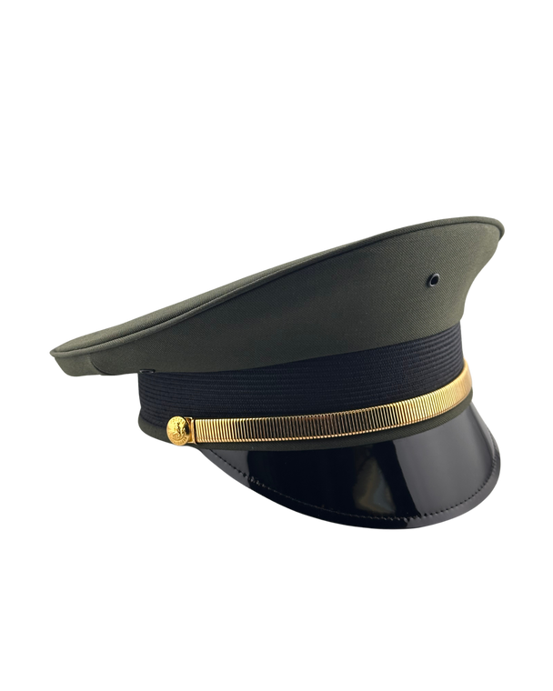 CDCR Class A dress hat with olive green crown, black band, gold braid trim, and glossy black visor, side angel view