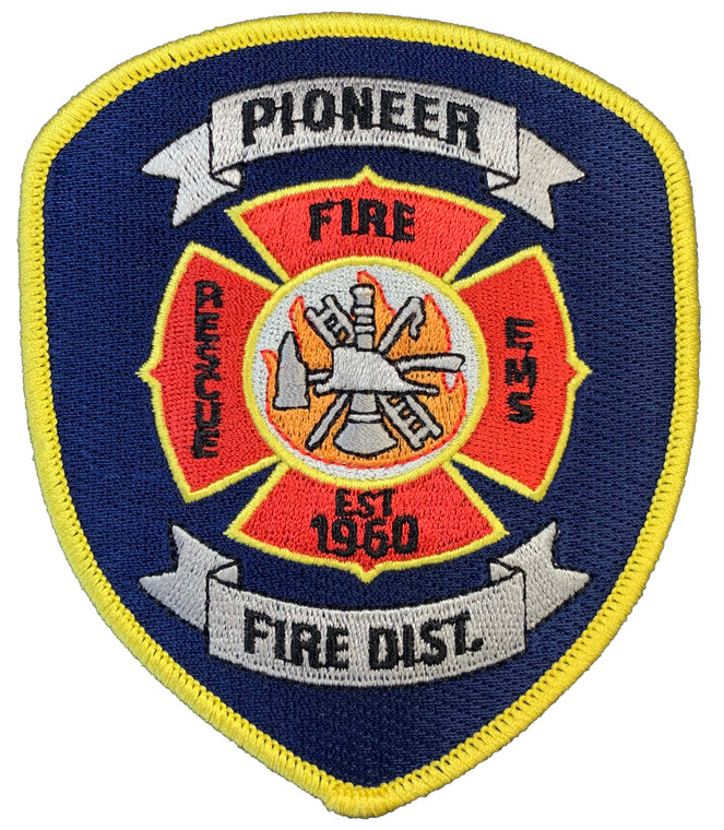 Close-up showing detailed embroidery of Pioneer Fire insignia Close-up showing detailed embroidery of Pioneer Fire insignia