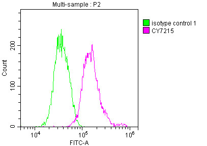 Overlay histogram showing Jurkat cells stained with CSB-RA568053A0HU (red line) at 1:50. The cells were fixed with 70% Ethylalcohol (18h) and then incubated in 10% normal goat serum to block non-specific protein-protein interactions followedby the antibody (1µg/1*106cells) for 1 h at 4℃.The secondary antibody used was FITC-conjugated goat anti-rabbit IgG (H+L) at 1/200 dilution for 30min at 4℃. Control antibody (green line) was Rabbit IgG (1µg/1*106cells) used under the same conditions. Acquisition of >10,000 events was performed.