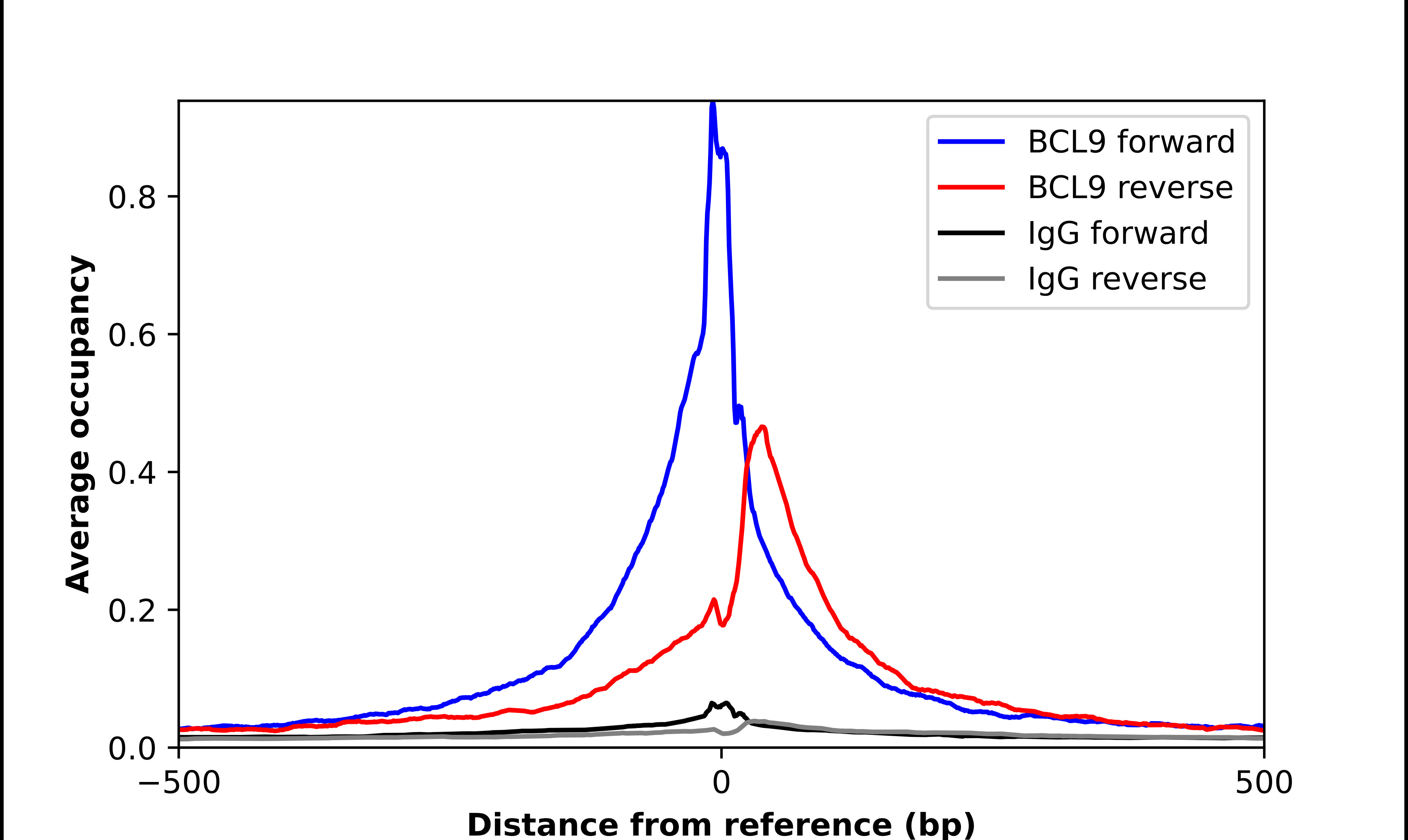 ChIP-Exo-Seq composite graph for Anti-BCL9 (HPA020274, Lot 000058956) tested in K562 cells. Strand-specific reads (blue: forward, red: reverse) and IgG controls (black: forward, grey: reverse) are plotted against the distance from a composite set of reference binding sites. The antibody exhibits robust target enrichment compared to a non-specific IgG control and precisely reveals its structural organization around the binding site. Data generated by Prof. B. F. Pugh's Lab at Cornell University.