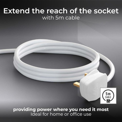Single Socket Extension Lead 5m White 13A Long Cable Power Lead 
