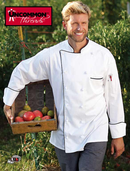 Uncommon Threads VERSAILLES Chef Coatb White with Black Piping