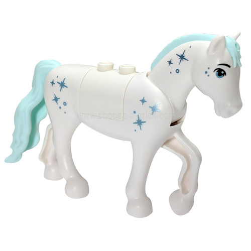 White Horse with 2 x 2 Cutout and Movable Neck, Light Aqua Tail and Mane, Metallic Blue Eyes and Stars Pattern