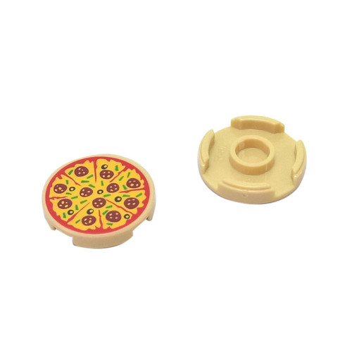 Tan Tile, Round 2 x 2 with Bottom Stud Holder with Pizza Pepperoni and Olive with Slice Marks Pattern