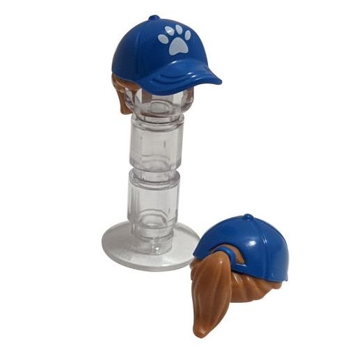 Minifigure, Hair Combo, Hair with Hat, Ponytail with Blue Ball Cap with White Paw Print Pattern