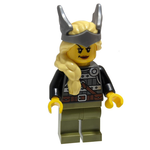 Viking Warrior - Female, Dark Bluish Gray and Silver Armor, Olive Green Legs, Bright Light Yellow Ha