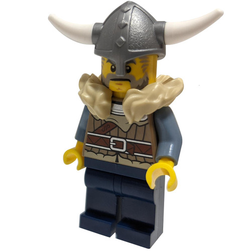 Viking Warrior - Male, Dark Tan Jacket with Tan Fur, Dark Blue Legs, Flat Silver Helmet with weapon