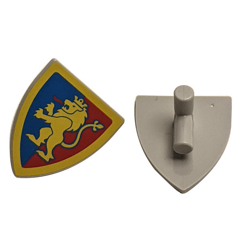 Minifigure, Shield Triangular with Yellow Lion with Raised Foot on Blue and Red Background with Border Pattern.
