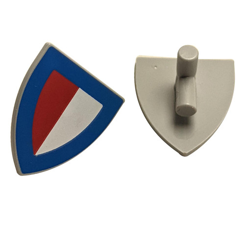 Minifigure, Shield Triangular  with Blue Border and Red and White Halves Pattern