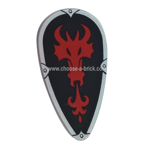 Shield Ovoid with Red Fire Breathing Dragon Head on Black Background Pattern - LEGO Parts and Pieces