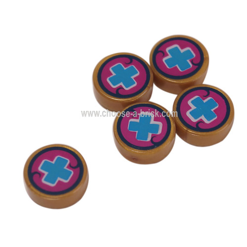 LEGO Parts - Pearl Gold Tile, Round 1 x 1 with Medium Blue Cross on Magenta Background Pattern