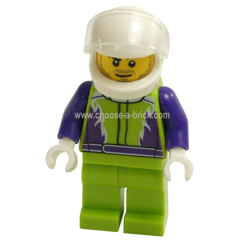 LEGO MInifigure -  Monster Truck Driver, Lime Legs and Jacket with Purple Flames and Arms, White Helmet