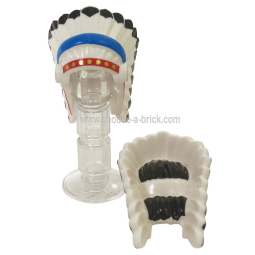 White Minifigure, Headgear Headdress Indian with Colored Feathers, Gold Dots on Red and Black Hair on Back Pattern