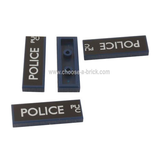 Dark Blue Tile 1 x 3 with White 'POLICE', 'PU', and 'C' Police Public Call Box on Black Background Pattern Left Side