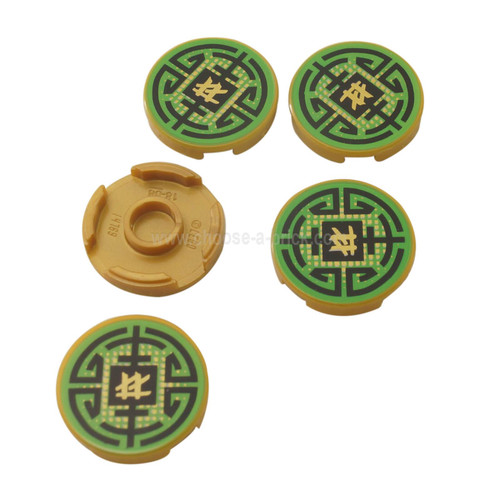 Pearl Gold Tile, Round 2 x 2 with Bottom Stud Holder with Black Circular Lines on Green Background Pattern