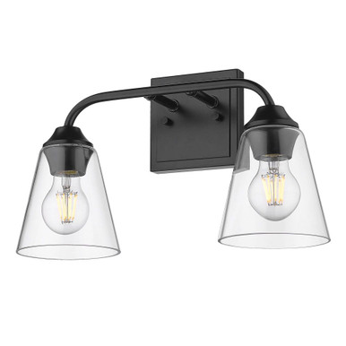Ormond 2 Light Bath Vanity 9 Inch Tall and 15.75 Inch Wide by Golden - 2120-BA2 BLK-CONE-CLR