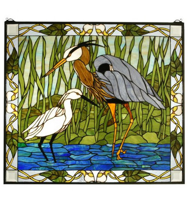 Blue Heron & Snowy Egret 30 Inch Stained Glass Window by Meyda Tiffany - 62955