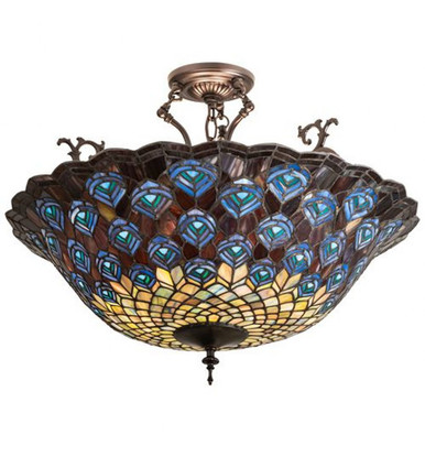 Peacock Feather 3 Light 24 Inch Wide Semi Flush Mount by Meyda Tiffany - 197238
