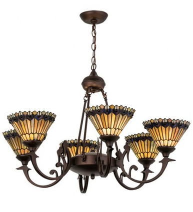 Tiffany Jeweled Peacock 6 Light Chandelier 26 x 33.5 Inch W by Meyda - 16099