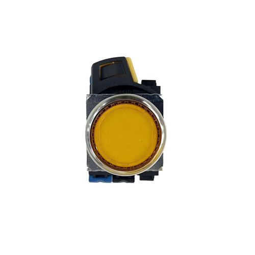 Pushbutton - Yellow Momentary - Round, yellow industrial pushbutton switch with a round button for controlling machinery or equipment.