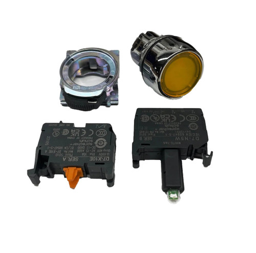 Pushbutton - Yellow Maintained - Round, industrial electrical pushbutton switches with black and yellow components, designed for control panels and machinery.