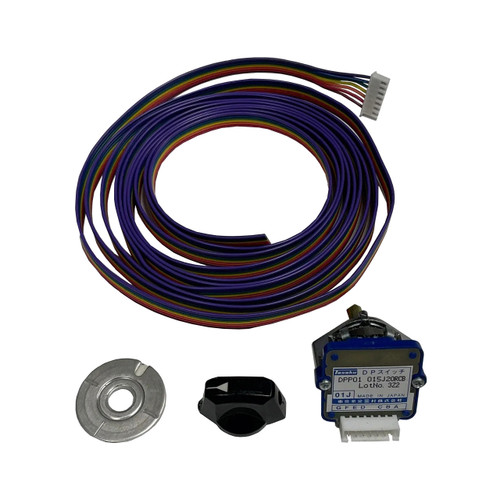 Feed Rate Dial with Pigtail, electronic control component with colorful wired connection and control knob.