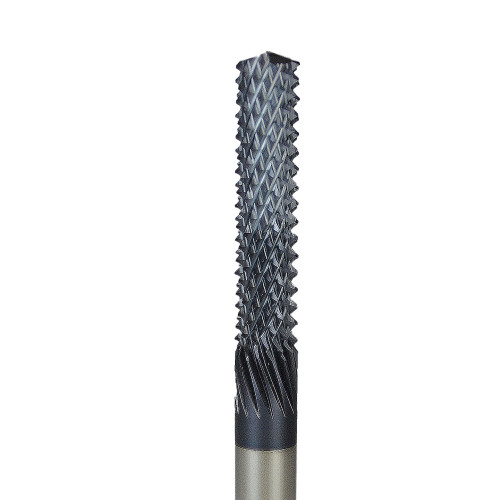 LMT Onsrud 1/4 SC HP COMPOSITE W/ EM POINT, close-up image of a specialized composite cutting tool with sharp, zigzag-edged design and a metallic base for precision machining.