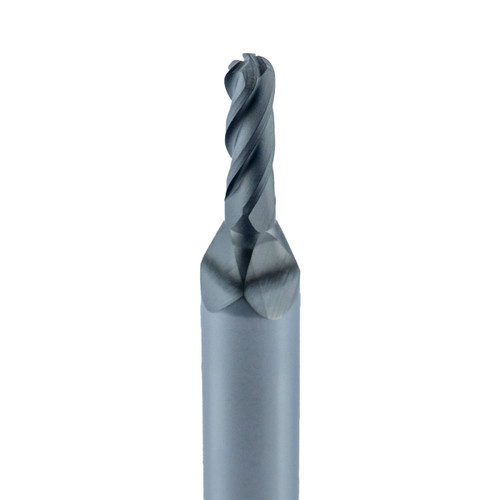 LMT Onsrud 1/8 inch SC 4 Flute Ballnose DFC, image showing a precision cutting tool with a twisted fluted design suitable for CNC machining.
