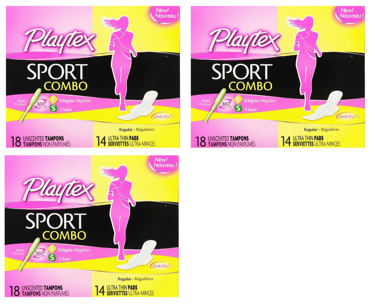 Playtex Sport Combo: 10 Unscented Regular Tampons, 8 Unscented Super Tampons  and 14 Ultra Thin Pads (Pack of 3) - Razors Direct