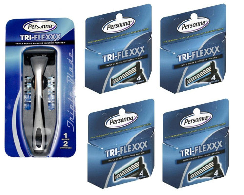 Men's Personna Tri-Flexxx Razor Blade Handle w/ 2 cartridges + Personna Tri-flexxx Triple Blade Refill Cartridges for Men 4 ct. (Pack of 4)