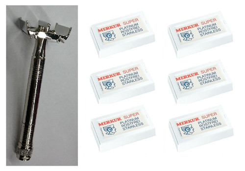 Double Edge Safety Razor + Merkur Double Edge Safety Razor Blades 10 ct. (Pack of 6)