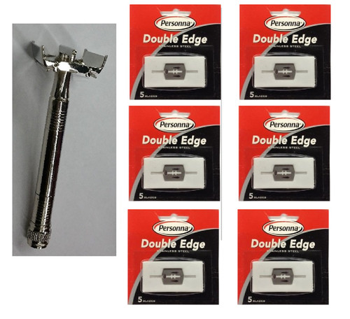 Double Edge Safety Razor + Personna Double Edge Stainless Steel Refill Blades, 5 ct. (Pack of 6)