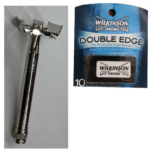 Double Edge Safety Razor + Wilkinson Sword Double Edge Razor Blades, 10 ct. (Pack of 1)