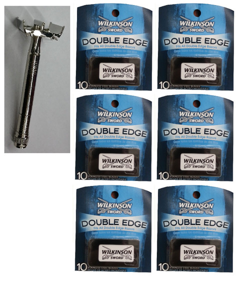 Double Edge Safety Razor + Wilkinson Sword Double Edge Razor Blades, 10 ct. (Pack of 6)