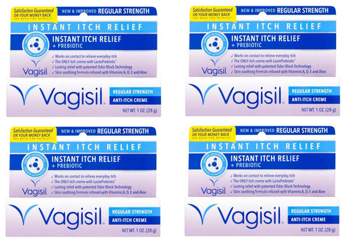 Vagisil Instant Itch Relief, Regular Stength, Anti Itch Crème + Probiotic, 1 Oz (Pack of 4)