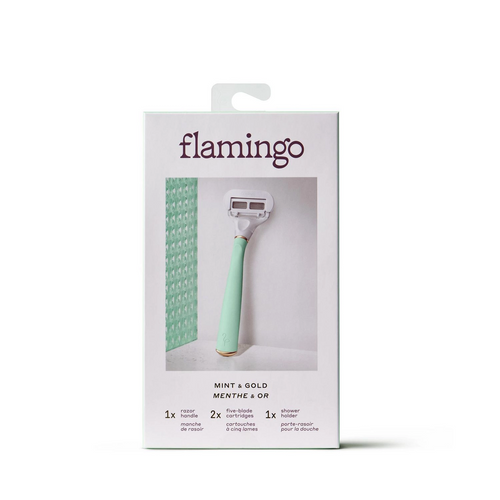 Flamingo Women's 5-Blade Razor Kit Includes 1 Razor, 2 Cartridges and Shower Holder, Mint and Gold 