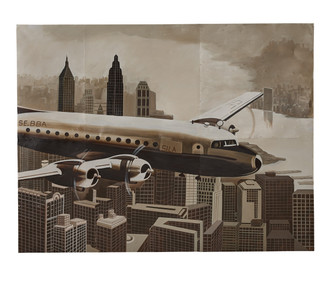 Art On Reclaimed Metal Plane Over New York