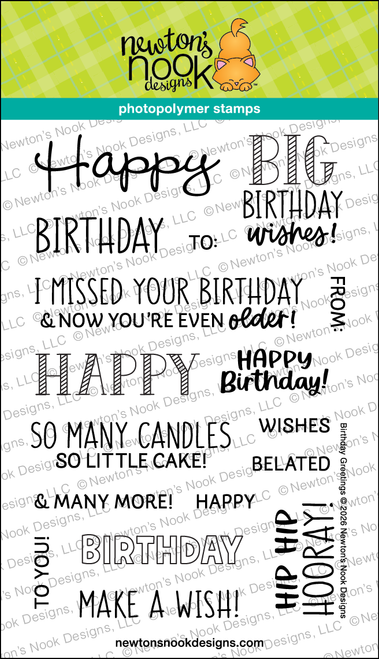 Birthday Greetings Clear Stamp Set ©2026 Newton's Nook Designs