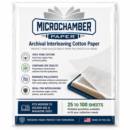 MicroChamber Paper archival interleaving cotton paper with SPZ zeolite for protecting comic books, magazines, photos and documents from pollutants and aging.