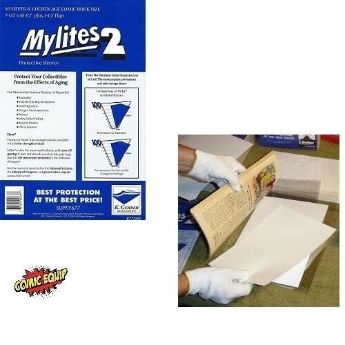 Comic book combination pack.  Contains 50 Mylites2 silver/gold size comic book sleeves and 100 sheets silver size microchamber paper.